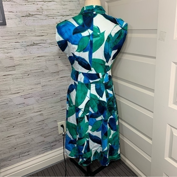 Jones New York Fit Flare Midi Dress Sz 4 Blue Green White Tropical Button Front - Picture 7 of 11